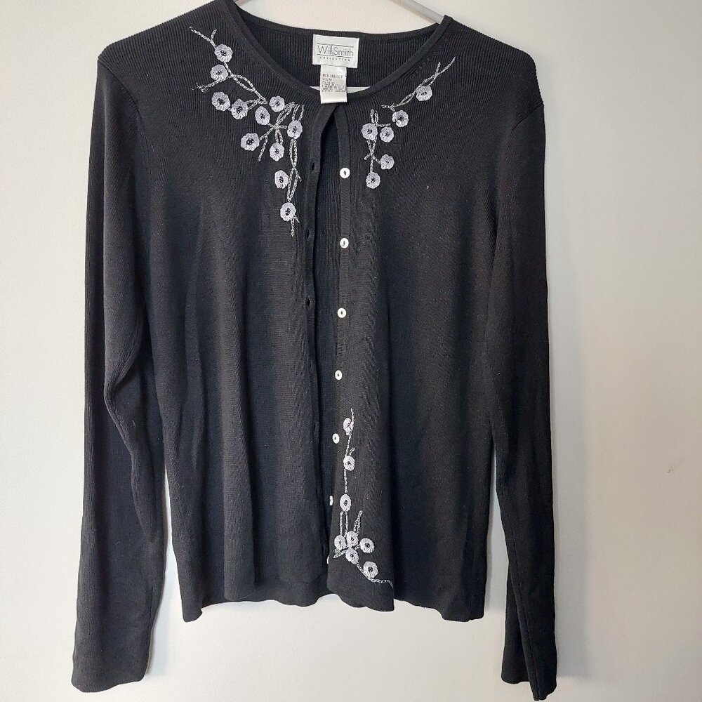 WilliSmith Collection 100% Silk Sequined Floral Embroidery Ribbed Cardigan Sz M